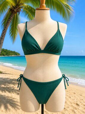 Shade & Shore XL 16 Green Triangle Bikini Set With Tie Side Bottoms Ribbed Textu